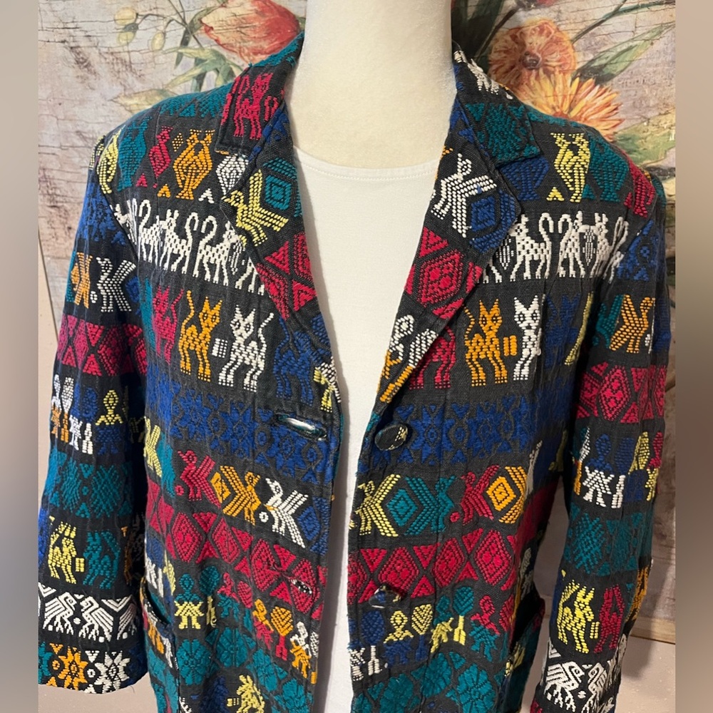 Sz L Vintage 50’s 60’s Guatemalan Aztec Pattern Colorful Handwoven Jacket